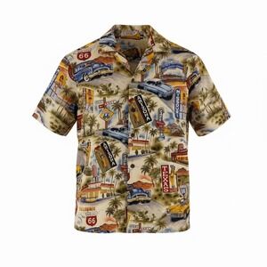 Vintage Route 66 Pinup Hawaiian Shirt Men Medium Cotton Road Trip Made in Hawaii